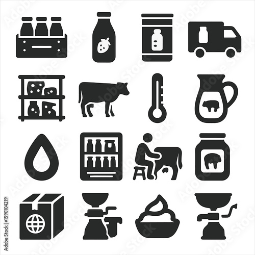 Dairy Icons Collection. Solid style icons of dairy and milk: milk crate with bottles, flavored milk bottle, baby milk formula can,