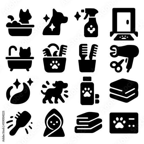 Pet Grooming Icons. Solid style icons of pet grooming silhouette: cat standing in bath, dog grooming icon with stars, soft coat