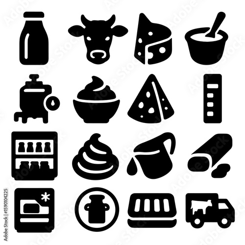 Dairy Icons Collection. Solid style icons of dairy and milk: glass milk bottle with cap, farm cow head, wheel of blue cheese,