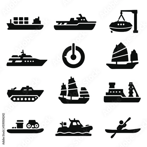 Watercraft Silhouettes Collection. Solid style icons of watercraft silhouette: cargo ship silhouette with containers,
