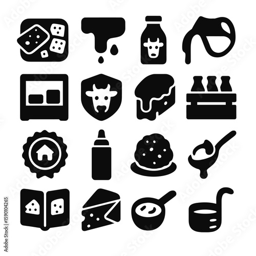 Dairy Icons Collection. Solid style icons of dairy and milk: cheese board with crackers, creamy dairy drizzle, cow logo on milk
