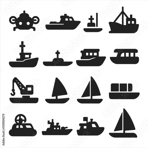 Watercraft Silhouette Icons. Solid style icons of watercraft silhouette: underwater drone sub, fire rescue boat, armored patrol