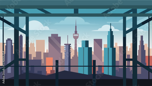A panoramic shot of the citys skyline as seen through the steel beams of a partially constructed skyscr.. Vector illustration