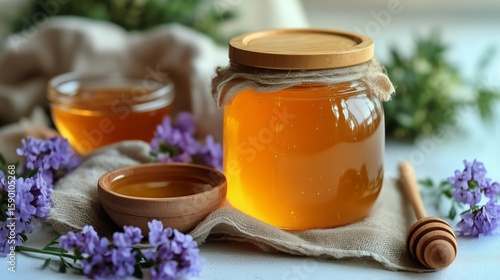 Fresh Honey Jar With Wooden Dipper and Wildflowers on a Light Background