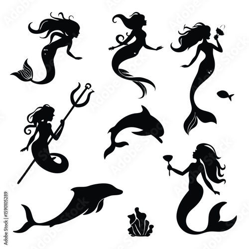Mermaids dolphins and sea life fish trident
