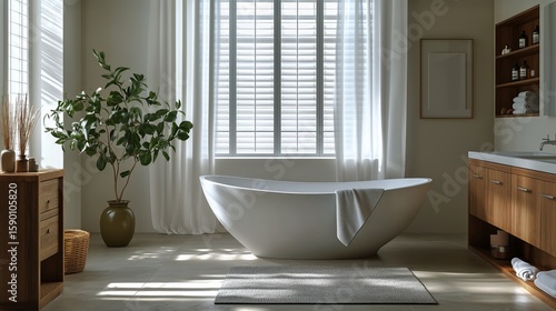 Elegant Bathroom With Freestanding Tub and Natural Light in a Modern Home Set...