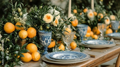 Elegant Table Setting Adorned With Yellow Lemons and Floral Arrangements in a...