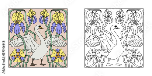 Fototapeta Naklejka Na Ścianę i Meble -  Art nouveau style modern hand drawn elegant swan and iris flowers symmetrical composition for coloring page. Vintage black and white botanical design with water bird
