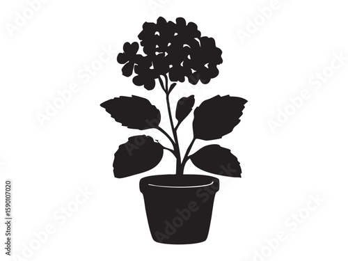 Black silhouette of potted plant with blooming flowers, isolated on white background, graphic illustration. concept of nature, indoor garden, plant care, decor, design element