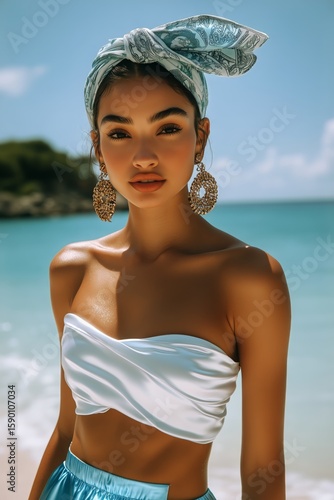 Young Woman in Stylish Beach Outfit Enjoys Sunny Day by the Ocean in Tropical...