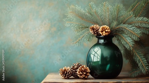 Elegant Green Vase With Pine Branches and Pinecones on a Wooden Table in Sere...