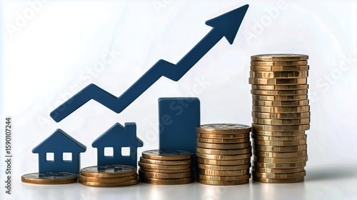 Growth of Real Estate Investment Represented by Coins and Upward Trend Graph