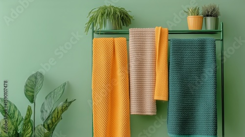Soft Towels Hanging on a Green Wall With Decorative Plants and Cheerful Color...