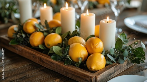 Centerpiece With Fresh Lemons and Candles for a Dining Table Setting