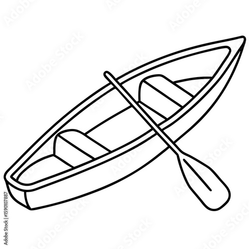 Simple boat with paddle outline, equipment for water activities, ready to use. Canoe detail includes paddle and empty seating area. One boat with paddle illustration perfect for a brochure,