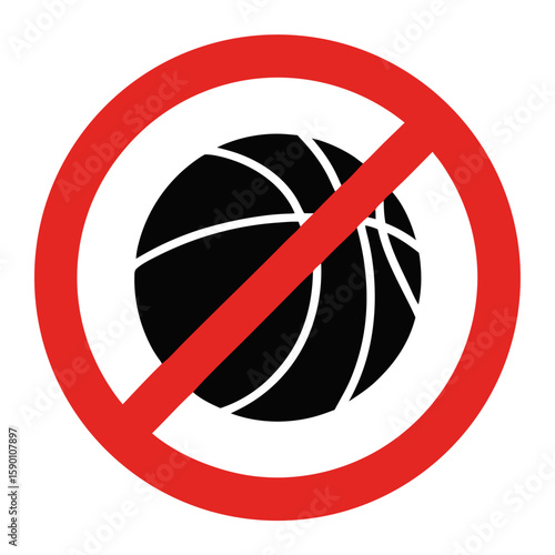 No basketball allowed, prohibition sign with basketball inside of red circle. Do not play basketball at this place, basketball is not allowed as symbol, sign or concept.