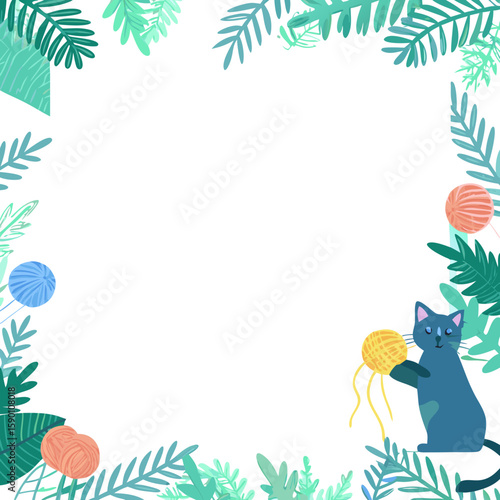 Cat frame with yarn balls features playful kitten surrounded by vibrant foliage, creating charming design.