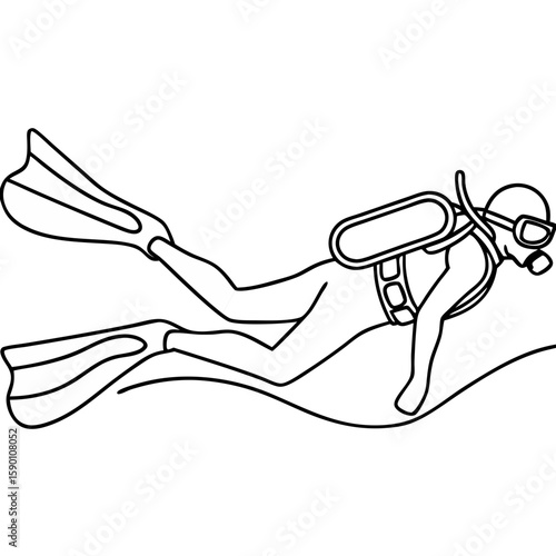 Diver with snorkel swims underwater in ocean, exploring marine life. Diver with snorkel is wearing gear for underwater breathing and viewing.