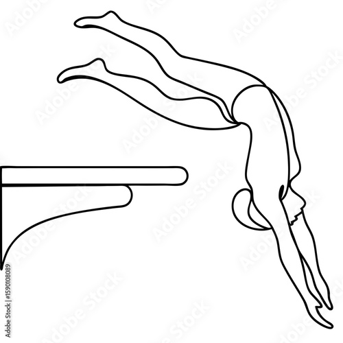 Diving from a springboard depicts an athlete in midair with outstretched limbs, an exercise in precision. Diving from a springboard showcases athletic form during competition,