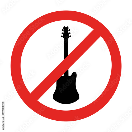 Electric guitar not allowed symbol displayed on white background. This electric guitar prohibition sign indicates no loud guitar playing or music in this area.