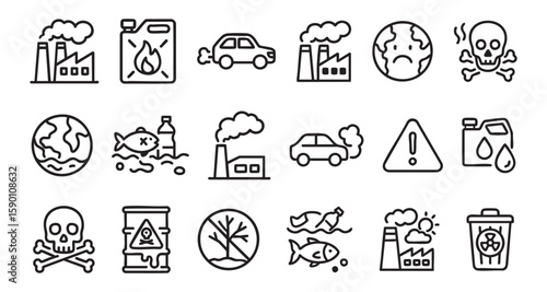 Black and white environmental pollution icons set with factories, cars, earth, skull, fish, trees, and trash can. concept of ecology, hazard, emission, waste, pollution