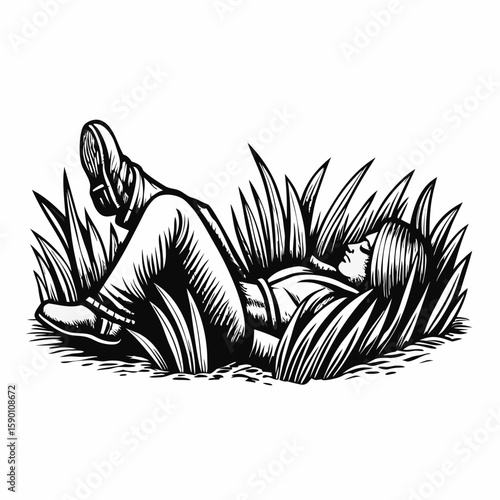 Person lying-on-grass in a field for relaxation and contemplation. Lying-on-grass in meadow showcases figure in contemplative pose, surrounded by blades, in grayscale.