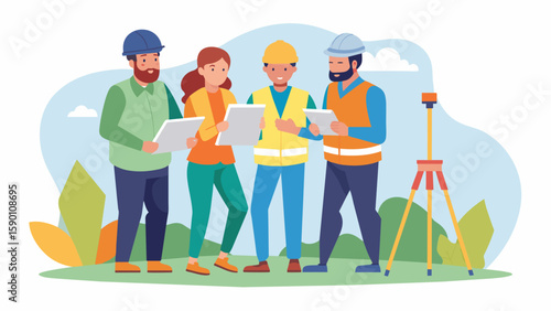 A team of engineers and surveyors confer in a corner poring over topography maps and analyzing potential challenges for the construction project.. Vector illustration