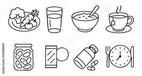 Set of healthy food and drink icons including vegetables, water glass, cereal bowl, coffee cup, jar, wrapped bar, pill bottle, and clock isolated on white background.