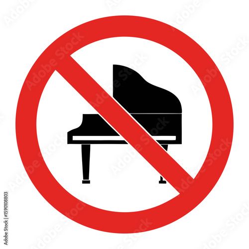 Piano not allowed, prohibition sign with grand piano, music ban. Prohibiting piano performance indicates restriction and quiet zone. Symbolic no piano for noise reduction and regulated musical areas.