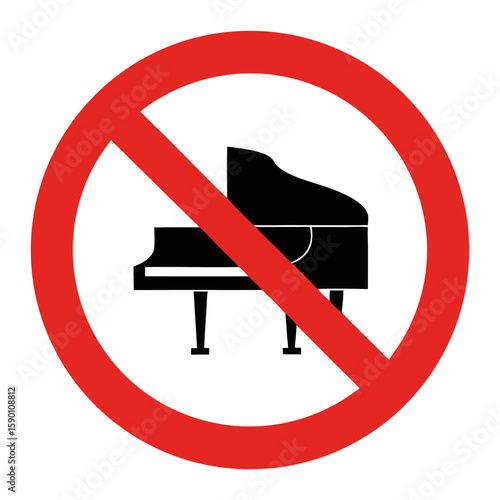 No piano allowed with a symbolic red prohibition sign. This no piano image represents restrictions and silence, portraying concept with musical instruments.