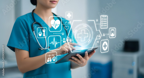 Doctor using digital tablet displaying health icons for telemedicine services in hospital