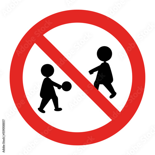 Symbolic playing ball prohibition depicted with graphic icon, showing children banned from this area. Image highlights no playing ball rule, indicating restricted activities,