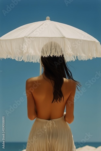 Woman Enjoying a Sunny Beach Day Under a Large White Parasol Near the Ocean