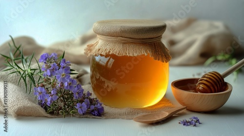 Fresh Honey Jar With Wooden Dipper and Wildflowers on a Light Background