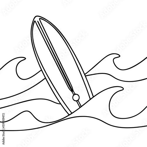 Sup board on waves in clean black and white outline illustration. Sup board on waves is perfect for water activities, adventure, travel, or recreation.