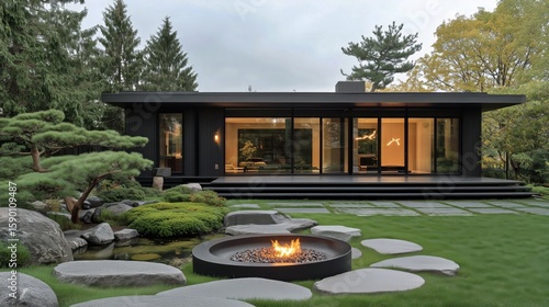 Modern Outdoor Space Features Fire Pit and Lush Landscaping in Serene Setting