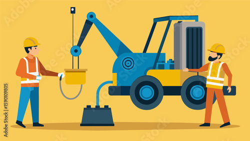 A maintenance worker using a jack to lift up a front loader while another worker inspects the hydraulic fluid levels and hoses.. Vector illustration