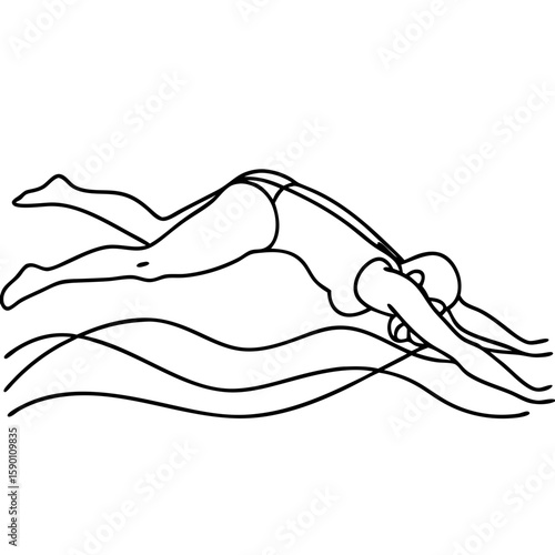 Woman swimming freestyle in minimalist style, shown with black lines and flowing water. Artistic swimming freestyle illustration captures moment of athleticism and grace with simple elegance,