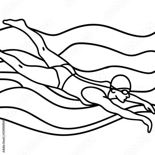 Swimming breaststroke line art illustration of athlete swimmer in motion in water. Swimming breaststroke action depicted with swimmer wearing cap and goggles during athletic event.