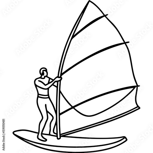 Depiction of windsurfer with sail, a silhouette, in outline, riding ocean waves. Windsurfer with sail shows active lifestyle, adventure sport, and connection with nature.