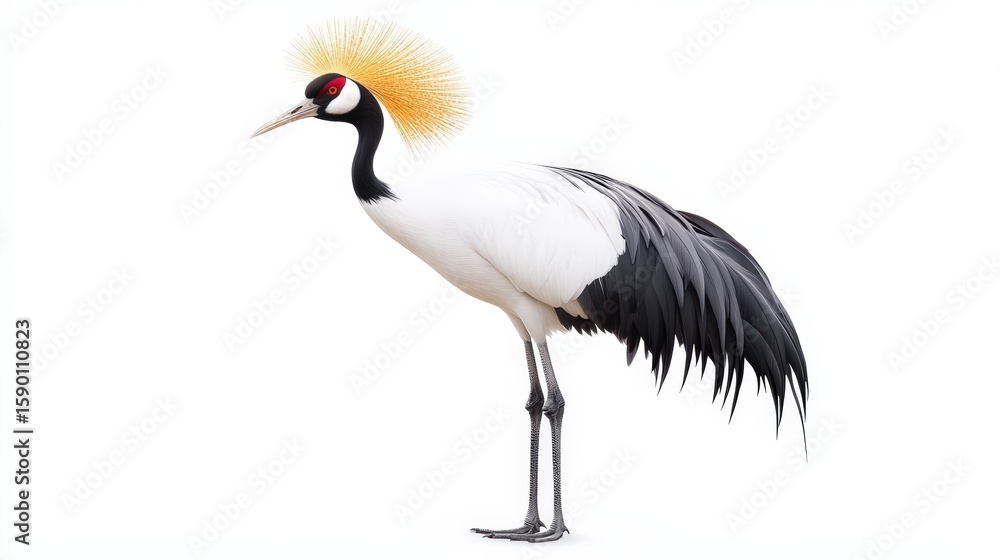 Obraz premium Elegant grey crowned crane with distinctive golden crown feathers, standing against a white background.