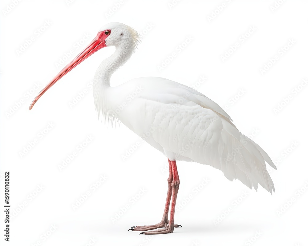 Obraz premium A white ibis bird stands gracefully, showcasing its long red beak, red legs, and pristine white feathers in a studio setting.