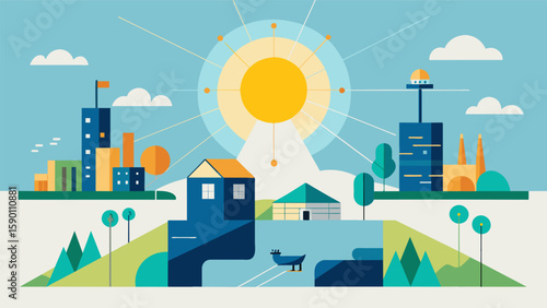 As the day progresses the beams of sunlight shift and illuminate different parts of the site showcasing the intricate and interconnected nature of the. Vector illustration