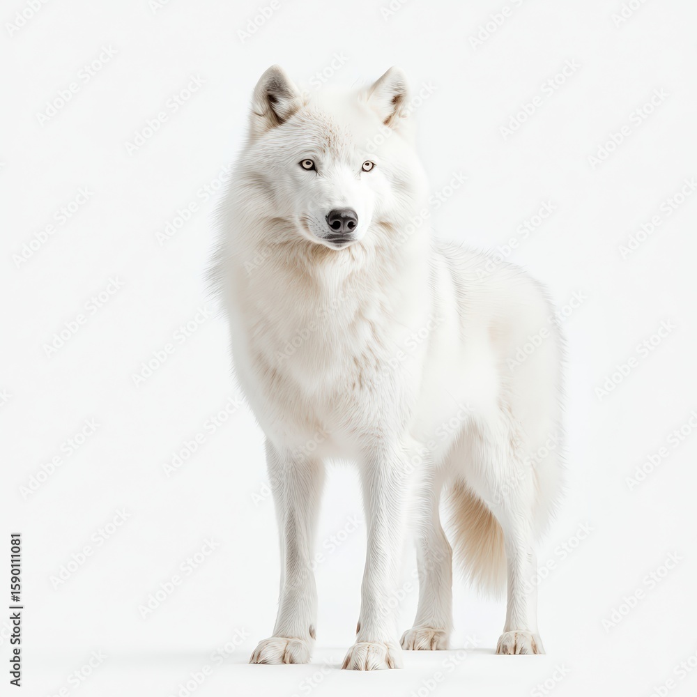Obraz premium A majestic white Arctic wolf stands alert against a stark white background, showcasing its thick fur and piercing eyes.