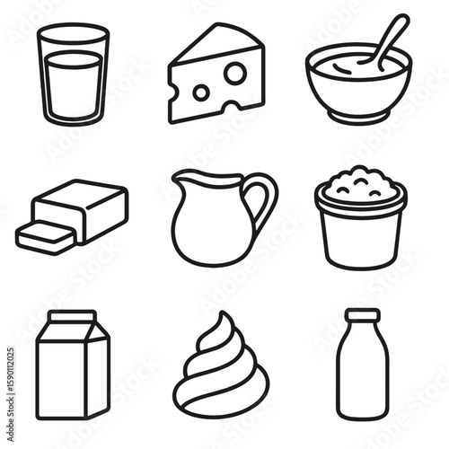 Dairy Icons. Outline style icons of Dairy Items: glass of milk, cheese wedge, yogurt bowl, butter slab, cream pitcher, cottage