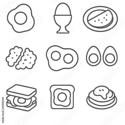 Egg Dish Icons. Outline style icons of Egg Dishes: poached egg, boiled egg in holder, omelet on plate, scrambled eggs, fried eggs,