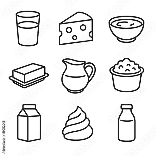 Dairy Icons. Outline style icons of Dairy Items: glass of milk, cheese wedge, yogurt bowl, butter slab, cream pitcher, cottage