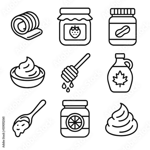 Spreads and Toppings Icons. Outline style icons of Spreads and Toppings: butter curl, fruit jam jar, peanut butter, cream cheese