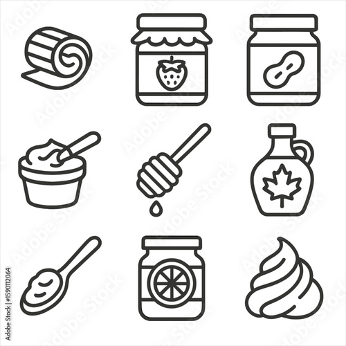 Spreads and Toppings Icons. Outline style icons of Spreads and Toppings: butter curl, fruit jam jar, peanut butter, cream cheese
