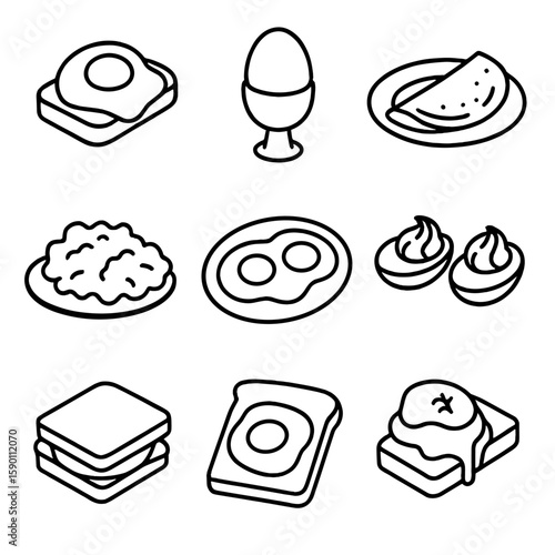 Egg Dish Icons. Outline style icons of Egg Dishes: poached egg, boiled egg in holder, omelet on plate, scrambled eggs, fried eggs,